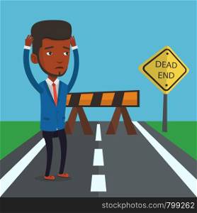 African-american businessman looking at road sign dead end symbolizing business obstacle. Man facing with business obstacle. Business obstacle concept. Vector flat design illustration. Square layout.. Businessman looking at road sign dead end.