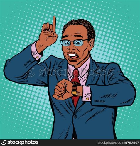African American businessman looking at wrist watch, pop art retro vector illustration