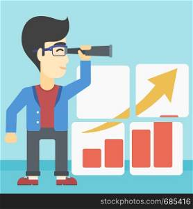 African-american businessman looking through a spyglass at chart. Man searching the opportunities for business growth. Business vision concept. Business vector flat design illustration. Square layout.. Man searching opportunities for business growth.
