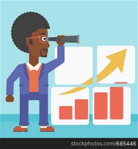 African-american businessman looking through a spyglass at chart. Man searching the opportunities for business growth. Business vision concept. Business vector flat design illustration. Square layout.. Man searching opportunities for business growth.
