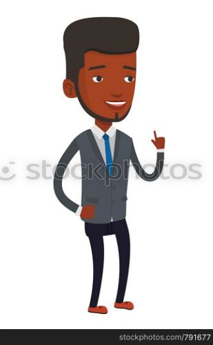 African-american businessman pointing finger up because he came up with business idea. Man having business idea. Business idea concept. Vector flat design illustration isolated on white background.. Smiling businessman pointing with his forefinger.