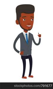 African-american businessman pointing finger up because he came up with business idea. Man having business idea. Business idea concept. Vector flat design illustration isolated on white background.. Smiling businessman pointing with his forefinger.