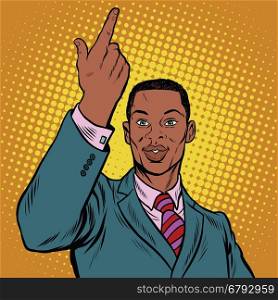 African American businessman pointing finger up, pop art retro illustration