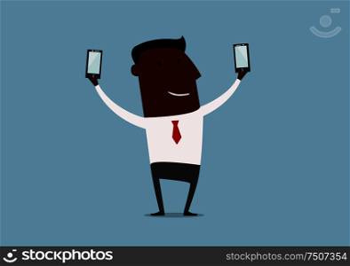 African american businessman posing and making double selfie shots with two smartphones, for technology concept design. Cartoon flat style. Black businessman making double selfie