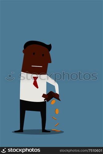 African american businessman pouring out his last few coins from wallet, for financial failure or bankruptcy concept design. Bankrupt businessman with empty wallet