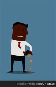 African american businessman pouring out his last few coins from wallet, for financial failure or bankruptcy concept design. Bankrupt businessman with empty wallet