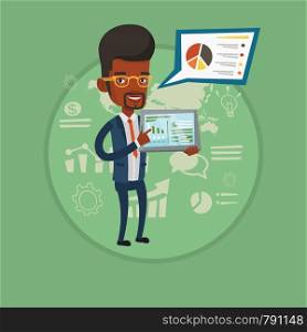 African-american businessman presenting report on a digital tablet. Businessman pointing at the charts on tablet computer screen. Vector flat design illustration in the circle isolated on background.. Businessman presenting report on tablet computer.