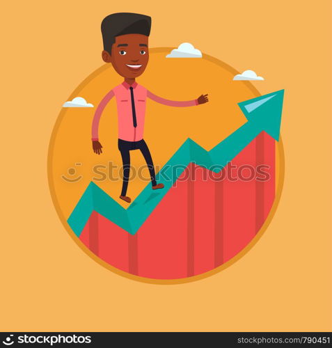 African-american businessman running along the growth graph. Happy businessman standing on growth graph. Business growth concept. Vector flat design illustration in the circle isolated on background.. Businessman standing on uprising chart.