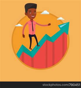 African-american businessman running along the growth graph. Happy businessman standing on growth graph. Business growth concept. Vector flat design illustration in the circle isolated on background.. Businessman standing on uprising chart.
