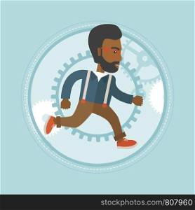 African-american businessman running on gear background. Smiling businessman running in a hurry. Businessman running to success. Vector flat design illustration in the circle isolated on background.. Businessman running on gear background.