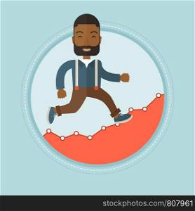 African-american businessman running on profit chart. Cheerful businessman walking along the profit chart. Business profit concept. Vector flat design illustration in the circle isolated on background. Businessman running on profit chart.