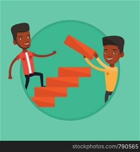 African-american businessman runs up the career ladder while another man builds this the career ladder. Concept of business career. Vector flat design illustration in the circle isolated on background. Businessman running upstairs vector illustration.