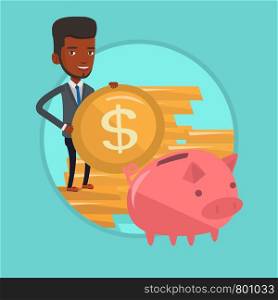 African-american businessman saving his money in piggy bank. Businessman putting money in a piggy bank. Concept of saving money. Vector flat design illustration in the circle isolated on background.. Man putting coin in piggy bank vector illustration