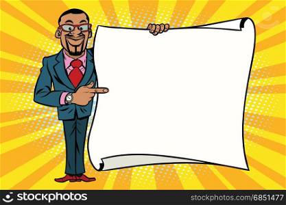African American businessman showing on copy space background. Comic cartoon style pop art retro vector illustration. African American businessman showing on copy space background