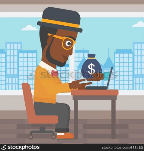 African-american businessman sitting at the table in office and bag of money coming out of his laptop. Online business concept. Vector flat design illustration. Square layout.. Businessman earning money from online business.