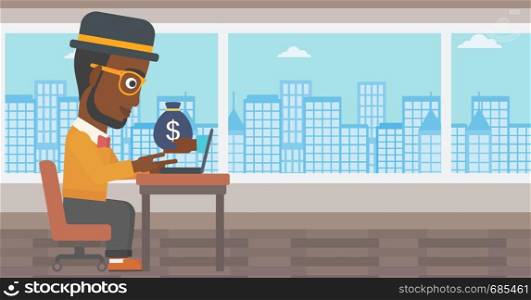 African-american businessman sitting at the table in office and bag of money coming out of his laptop. Online business concept. Vector flat design illustration. Horizontal layout.. Businessman earning money from online business.