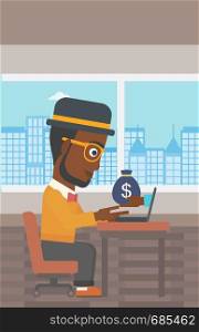 African-american businessman sitting at the table in office and bag of money coming out of his laptop. Online business concept. Vector flat design illustration. Vertical layout.. Businessman earning money from online business.