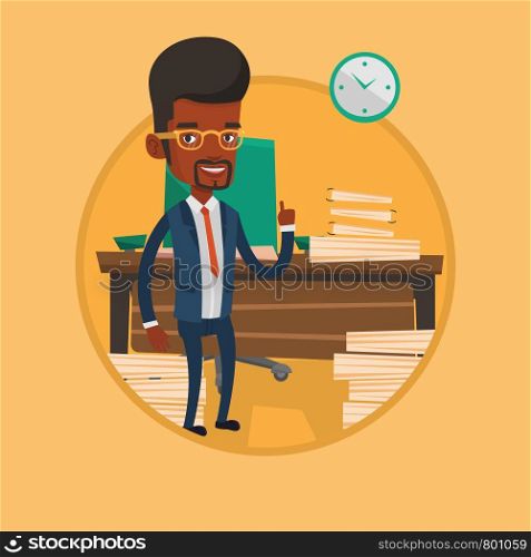 African-american businessman standing in office and pointing at time on clock. Man working against time. Time management concept. Vector flat design illustration in the circle isolated on background.. Businessman pointing up with his forefinger.