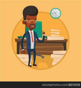 African-american businessman standing in office and pointing at time on clock. Man working against time. Time management concept. Vector flat design illustration in the circle isolated on background.. Businessman pointing up with his forefinger.