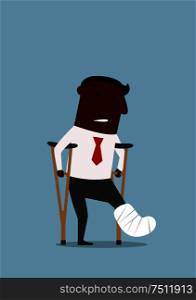 African american businessman standing with crutches and showing cast on a broken leg. For health insurance or healthcare concept theme design, cartoon flat style. Black businessman with broken leg