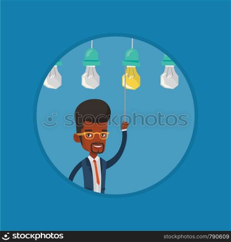 African-american businessman switching on hanging Idea bulb. Cheerful businessman pulling a light switch. Business idea concept. Vector flat design illustration in the circle isolated on background.. Man having business idea vector illustration.