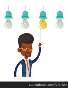 African-american businessman switching on hanging idea light bulb. Cheerful businessman pulling a light switch. Business idea concept. Vector flat design illustration isolated on white background.. Man having business idea vector illustration.