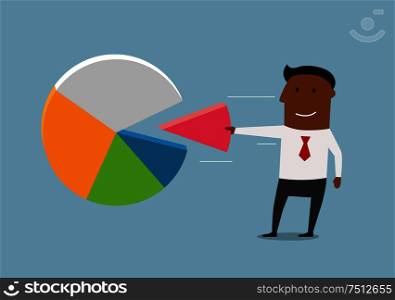 African american businessman take away a market share from colorful pie chart of global market. Black businessman take a market pie