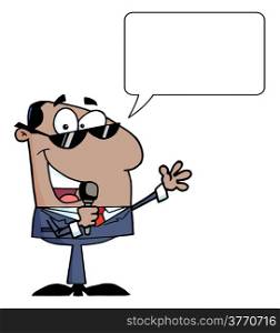 African American Businessman Talking Into A Microphone With Speech Bubble