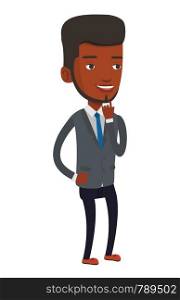 African-american businessman thinking about new creative business idea. Young businessman having business idea. Business idea concept. Vector flat design illustration isolated on white background.. Smiling businessman having business idea.
