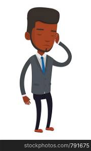African-american businessman thinking with closed eyes. Businessman scratching head during thinking process. Concept of business thinking. Vector flat design illustration isolated on white background.. Young businessman thinking vector illustration.