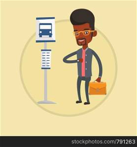 African-american businessman waiting for a bus at the bus stop. Man standing at the bus stop. Man looking at watch at the bus stop. Vector flat design illustration in the circle isolated on background. Man waiting for bus at the bus stop.