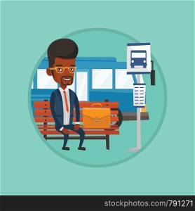African-american businessman waiting for a bus at the bus stop. Businessman sitting at bus stop. Man sitting on a bus stop bench. Vector flat design illustration in the circle isolated on background.. Businessman waiting for bus at the bus stop.