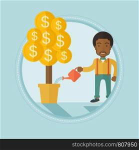African-american businessman watering financial tree. Businessman taking care of finances. Man investing in future financial safety. Vector flat design illustration in circle isolated on background.. Man watering financial tree vector illustration.