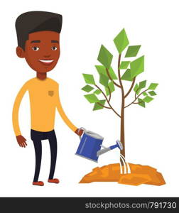 African-american businessman watering trees of three sizes. Young businessman watering plants. Business growth and investment concept. Vector flat design illustration isolated on white background. Businessman watering trees vector illustration.