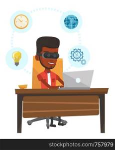 African-american businessman wearing virtual reality headset and working on a computer. Businessman using virtual reality device in office. Vector flat design illustration isolated on white background. Business man in vr headset working on computer.