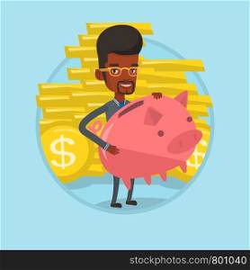 African-american businessman with a piggy bank. Businessman holding a big piggy bank on the background of stacks of golden coins. Vector flat design illustration in the circle isolated on background.. Businessman carrying big piggy bank.