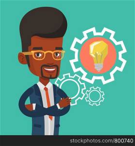 African-american businessman with business idea bulb in a cogwheel. Smiling business man having a business idea. Concept of successful business idea. Vector flat design illustration. Square layout.. Man with business idea bulb in gear.