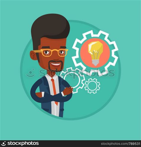 African-american businessman with business idea bulb. Young businessman having business idea. Concept of successful business idea. Vector flat design illustration in the circle isolated on background.. Man with business idea bulb in gear.