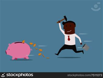 African american businessman with hammer chasing a piggy bank, trying to smash it and return his money. Financial crisis, ROI, return on investment business concept. Vector. Fast businessman trying to smash a piggy bank