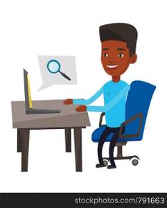 African-american businessman working on a laptop in office and searching information on internet. Internet search and job search concept. Vector flat design illustration isolated on white background.. Businessman working on his laptop.