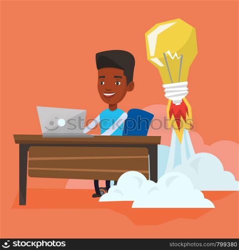 African-american businessman working on laptop in office and idea bulb taking off behind him. Man having business idea. Successful business idea concept. Vector flat design illustration. Square layout. Successful business idea vector illustration.