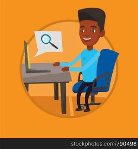 African-american businessman working on laptop in office and searching information on internet. Internet and job search concept. Vector flat design illustration in the circle isolated on background.. Businessman working on his laptop.