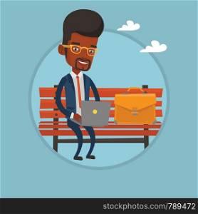 African-american businessman working outdoor. Businessman working on a laptop. Businessman sitting on bench and working on laptop. Vector flat design illustration in the circle isolated on background.. Businessman working on laptop outdoor.