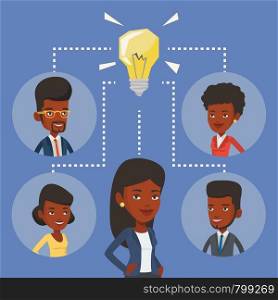 African-american businessmen working at business ideas. Businessmen discussing business idea. Group of business people connected by one idea light bulb. Vector flat design illustration. Square layout.. Business people discussing business ideas.