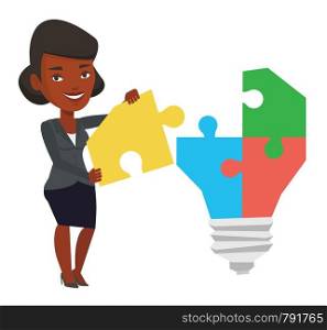 African-american businesswoman completing light bulb made of puzzle. Woman inserts the missing puzzle in light bulb. Business idea concept. Vector flat design illustration isolated on white background. Woman having business idea vector illustration.