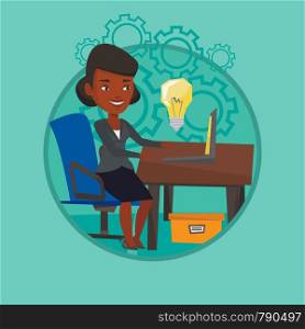 African-american businesswoman having business idea. Businesswoman working on laptop on a new business idea. Business idea concept. Vector flat design illustration in the circle isolated on background. Successful business idea vector illustration.