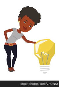 African-american businesswoman having business idea. Young business woman looking at the bright idea light bulb. Business idea concept. Vector flat design illustration isolated on white background.. Businesswoman having business idea.