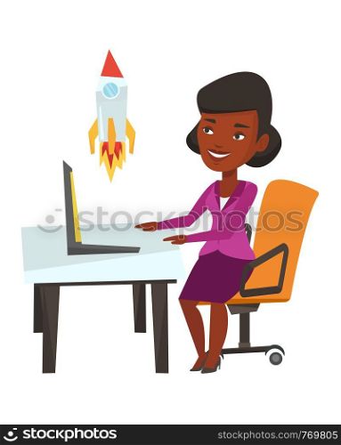 African-american businesswoman looking at business start up rocket. Businesswoman working on business start up. Business start up concept. Vector flat design illustration isolated on white background.. Business start up vector illustration.