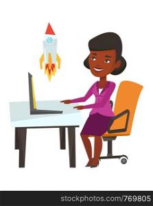 African-american businesswoman looking at business start up rocket. Businesswoman working on business start up. Business start up concept. Vector flat design illustration isolated on white background.. Business start up vector illustration.