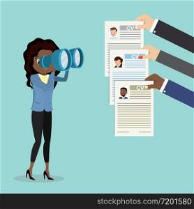 African american Businesswoman looking through binoculars on resume page,candidate hand holding cv resume paper,recruitment concept,flat vector illustration